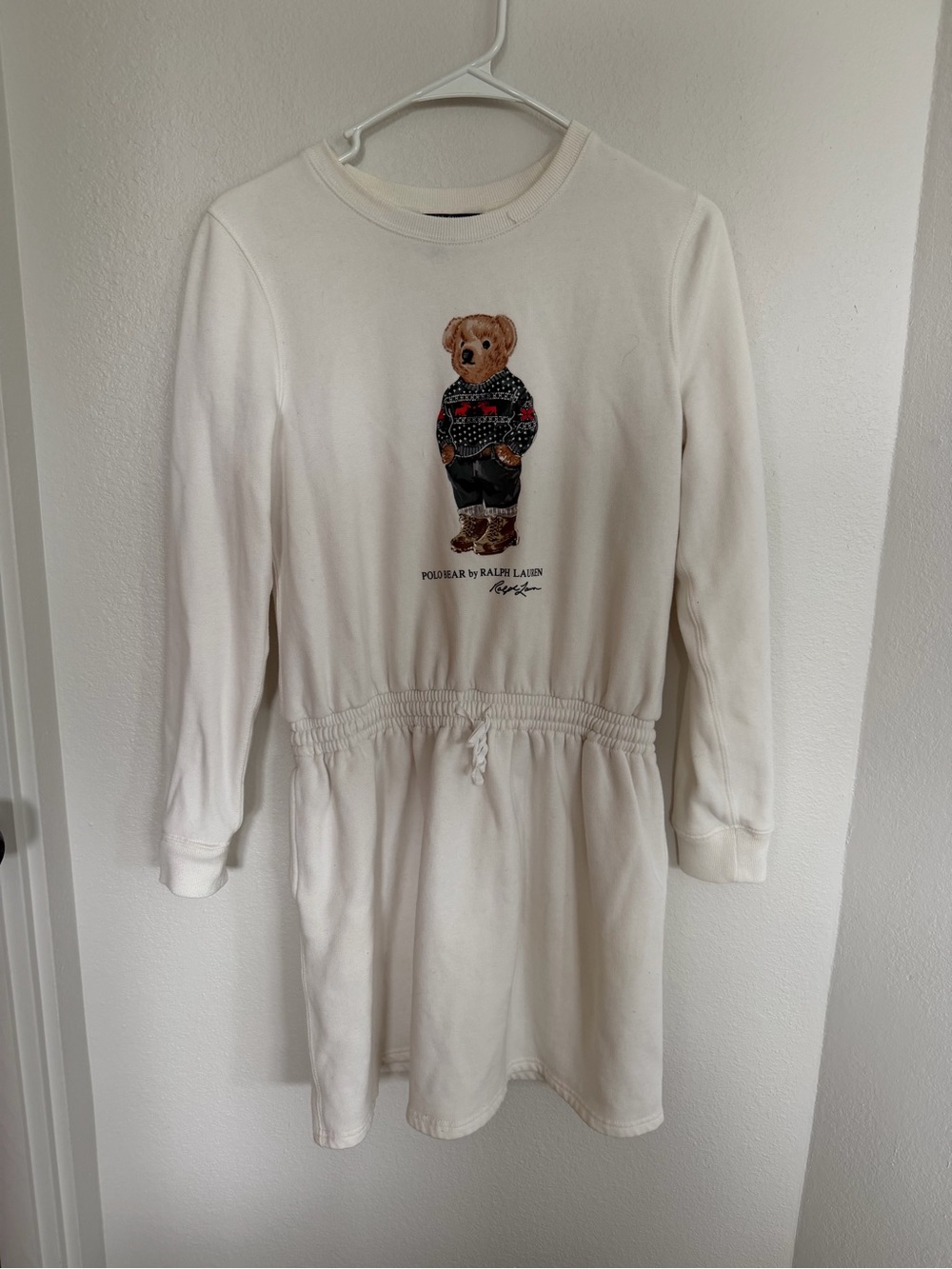 Polo Ralph Lauren Cream Bear Sweatshirt Dress Girls XL 16 Pockets